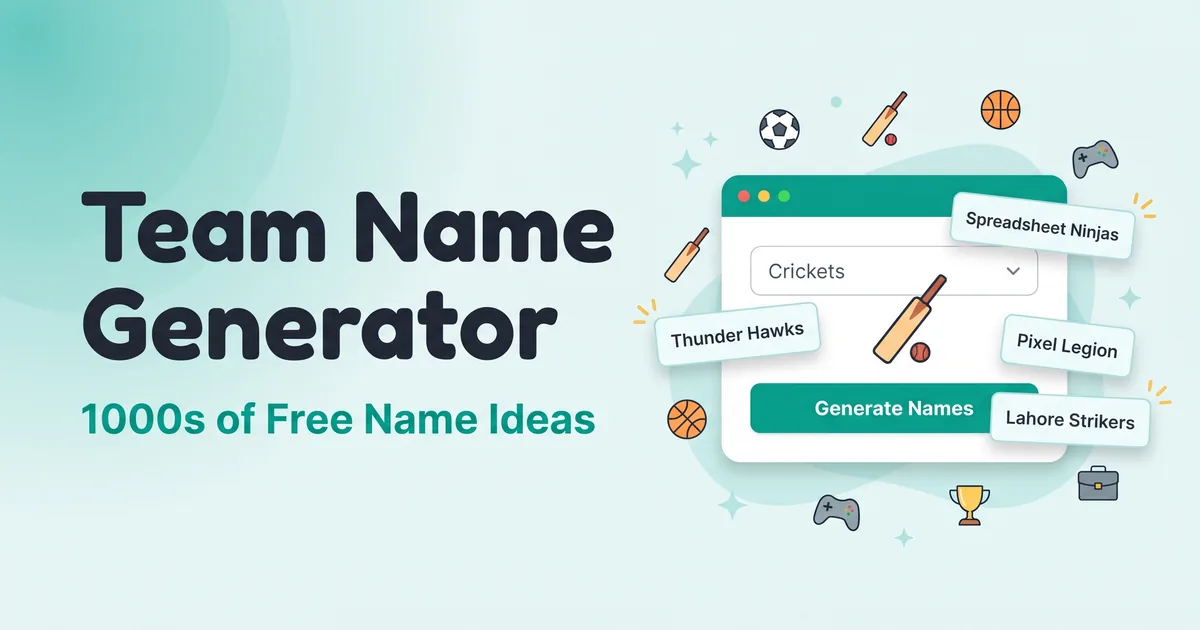 Team name generator tool showing sports, work and gaming team name ideas